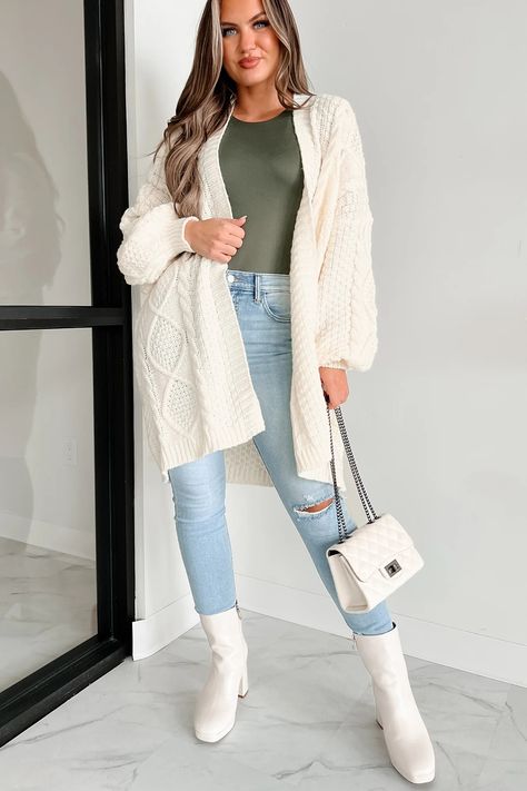 Dangerously Cozy Cable Knit Longline Cardigan (Cream) · NanaMacs Patterned Cardigan Outfit, White Booties Outfit Fall, Cream Jacket Outfit, Cream Cardigan Outfit, Winter Comfy Outfits, Fall Modest Outfits, White Booties Outfit, Booties Outfit, Cardigan Outfit