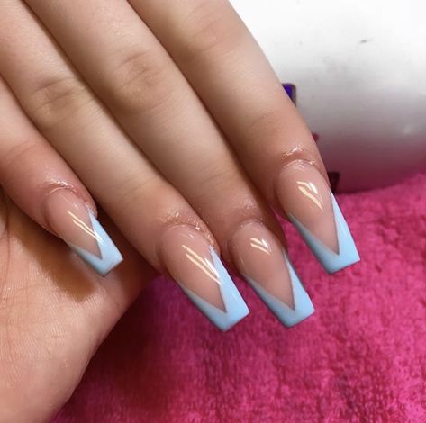 Nail Ideas Acrylic Blue And White, Blue French Nails Coffin, Light Blue French Tips Coffin, Blue V Tip Nails, Light Blue French Tip Nails Coffin, Prom Nails Periwinkle, Blue French Nails Square, Blue V French Tip Nails, Blue French Acrylic Nails