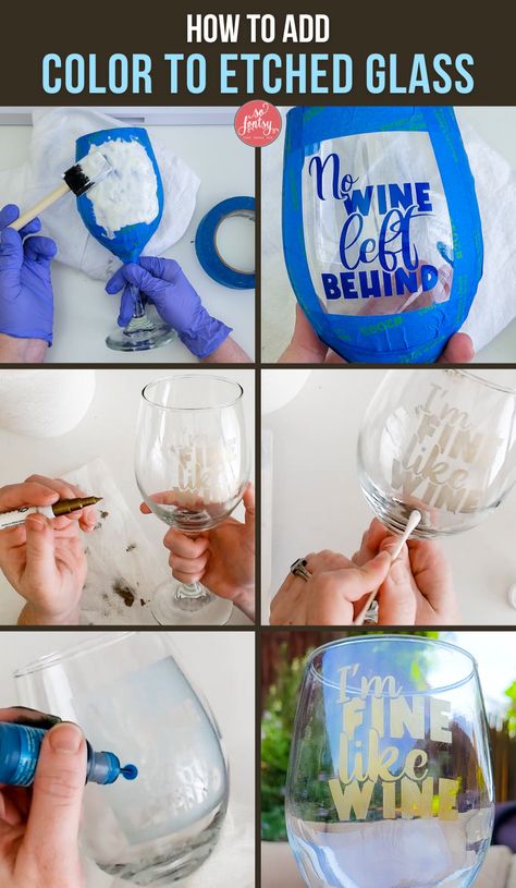 How to Add Color to Etched Glass - So Fontsy Halloween Etched Glass Ideas, Etched Glass Wedding Gift Ideas, Etching Glassware Diy, Glass Etching Tutorial, Etching Projects, Glass Etching Diy, Glass Etching Cream, Etching Diy, Glass Etching Projects