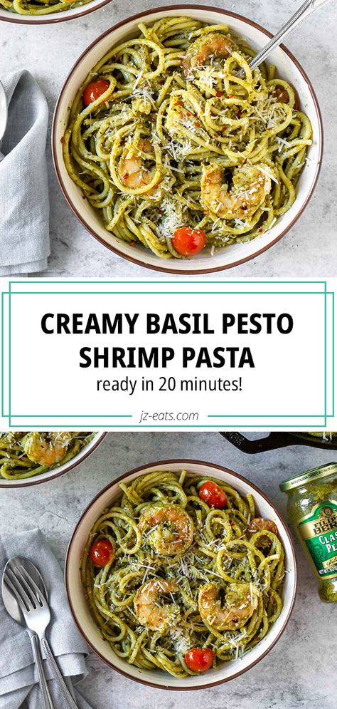 Basil Pesto Shrimp, Pesto Recipes Dinner, Pesto Shrimp Pasta, Pesto Dishes, Shrimp Pesto Pasta, Seafood Sandwiches, Pesto Shrimp, Pesto Pasta Recipes, Vegetarian Pasta