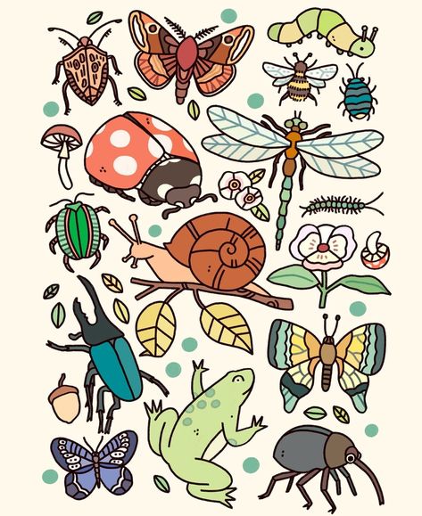 Forest Doodles, Botanical Posters, Bug Art, Little Doodles, Forest Floor, Bugs And Insects, Art Collage Wall, Sketchbook Art Inspiration, Funky Art