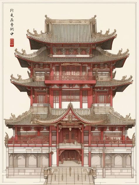 Japanese Fantasy Architecture, Asian Buildings Architecture, Chinese Temple Architecture, Japanese Architecture Drawings, Traditional Chinese House, Asian Temple, China Temple, East Asian Architecture, Medieval Japanese