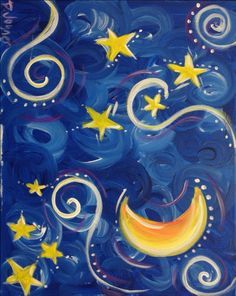 Diy Karton, Wallpaper Letter, Wall Painting Ideas, Sun Painting, Wallpaper Summer, Wine And Canvas, Star Painting, Night Painting, Painting Class