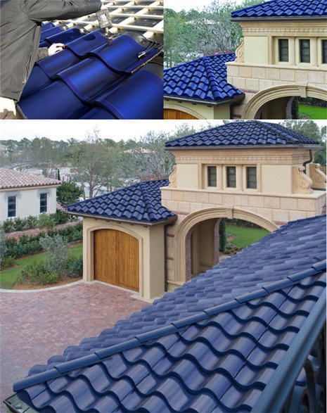 No more big boxes on your roof. Go green Mediterranean-style. Solé Power Tiles allow homeowners to make eco-friendly choices without sacrificing style. Created by SRS Energy, these tiles feature flexible solar panels. | Tiny Homes Solar Tiles, Solar Shingles, Alternative Energie, Solar Roof Tiles, Solar Panels Roof, Solar Roof, Blue Tile, Spanish Design, Casa Exterior