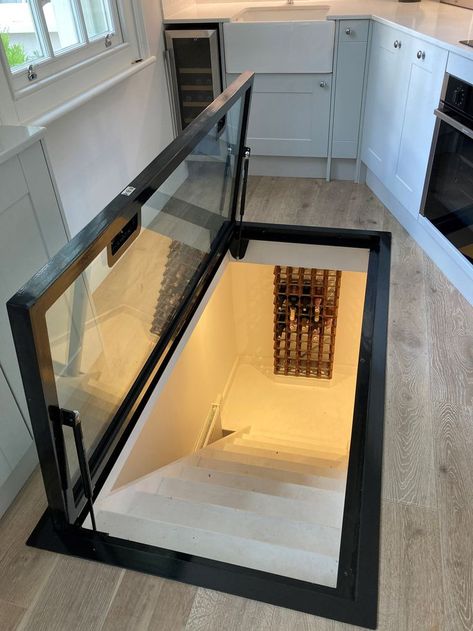 No need for a boring wooden basement hatch......how about a walk on glass floor hatch to the wine cellar! wow factor! Spiral Cellar, Basement Cellar, Cellar Conversion, Basement Stair, Walking On Glass, Basement Door, Cellar Doors, Wine Cellar Basement, Glass Wine Cellar