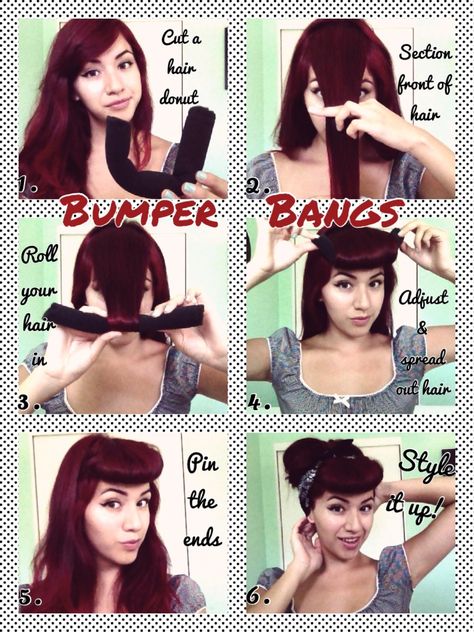 Classic Pin-up style bumper bangs tutorial ! @stepheecake Bumper Bangs, Cabelo Pin Up, Bangs Tutorial, 50s Hairstyles, Media Makeup, Estilo Pin Up, Rockabilly Hair, Pin Up Hair, Front Hair Styles