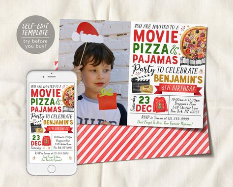 Christmas Movie Pizza Pajamas Birthday Invitation With Photo Editable Template, Holiday Movie Night Slumber Party Invite, Sleepover Evite Slumber Party Invite, Movie Party Invitations, Holiday Movie Night, Birthday Invitation With Photo, Invitation With Photo, Movie Party, Christmas Printable, Holiday Movie, Slumber Party