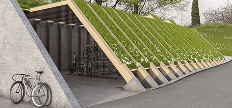 Bike Parking Garage, Bike Shelter Architecture, Sustainable Parking Lot, Bike Storage Architecture, Architecture In Landscape, Bike Parking Architecture, Urban Design Park, Industrial Park Design, Parking Ideas Architecture