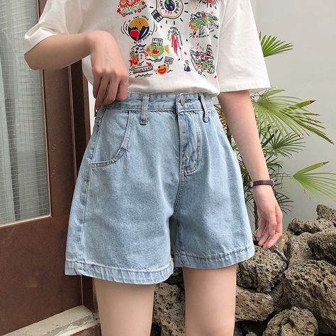 High-Waist Denim Shorts Product Information Material: Denim Color: Light Blue S: Waist: 64cm, Hips: 100cm, Thigh: 62cm, Total Length: 37cmM: Waist: 68cm, Hips: 102cm, Thigh: 64cm, Total Length: 38cmL: Waist: 72cm, Hips: 104cm, Thigh: 66cm, Total Length: 39cmXL: Waist: 76cm, Hips: 106cm, Thigh: 68cm, Total Length: 40cm There may be a 2cm - 4cm variance in product size Sanrio Fashion, Style Kawaii, Kawaii Dress, Denim Color, Blue Denim Shorts, Kawaii Clothes, High Waisted Shorts Denim, Short En Jean, Streetwear Women