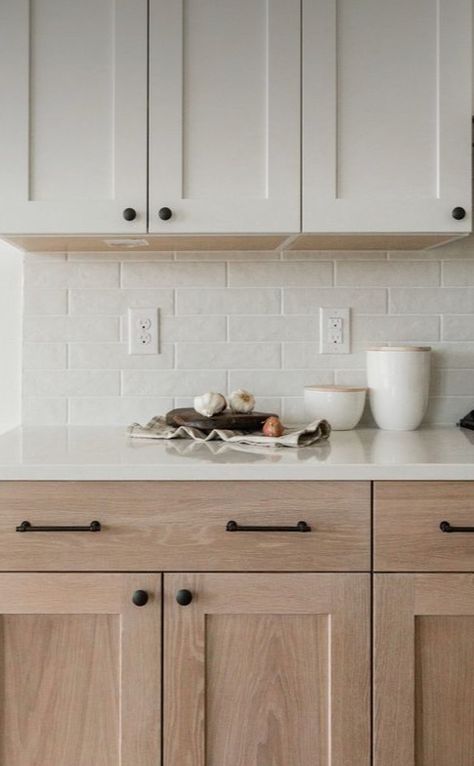 Natural Wood Bottom Kitchen Cabinets, Natural Wood Base Cabinets White Uppers, Kitchen Neutral Cabinets, Light Stained Wood Cabinets, Grey Washed Cabinets, Gray Subway Tile Kitchen Wood Cabinets, White Cabinets Kitchen With Quartz Countertops, Natural Shaker Cabinets, Lime Wash Kitchen Cabinets