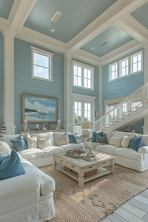 39 Coastal Decor Ideas To Bring Seaside Vibes Home Costal House Living Room, Coastal Grandma House, Coastal House Layout, Light Airy Home, Coastal Family Rooms, Beachy Living Room, California Street, Redecorating Ideas, Beach House Living Room