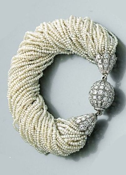 Platinum, seed pearl and diamond bracelet, circa 1925. How To Wear Pearls, Jewelry Bracelets Silver, Necklace Patterns, Seed Pearl, Pearl Diamond, Gorgeous Jewelry, Pearl Bracelet, Beautiful Bracelet, Silver Bracelets