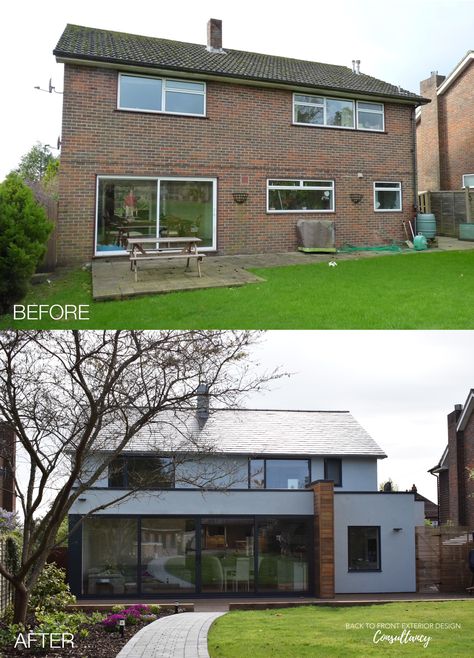 Before and after shots of a home transformation. Before shot shows a traditional. boxy house in brown brick. After shot shows extended house with bi-fold doors, white render finish, new windows and landscaped back garden. 1970 House Remodel, 1970s House Renovation, 70s House Exterior, 1960s House Renovation, Rendered Houses, 60s House, Renovation Exterior, 1970s House, Exterior House Renovation