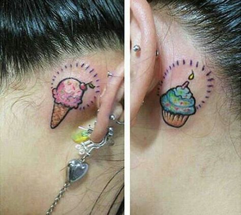 Ice cream and cupcake behind ear Ice Cream Tattoo, Cupcake Tattoos, Cream Tattoo, Behind Ear Tattoos, Ear Tattoos, Bff Tattoos, Weird Tattoos, Different Tattoos, Girly Tattoos