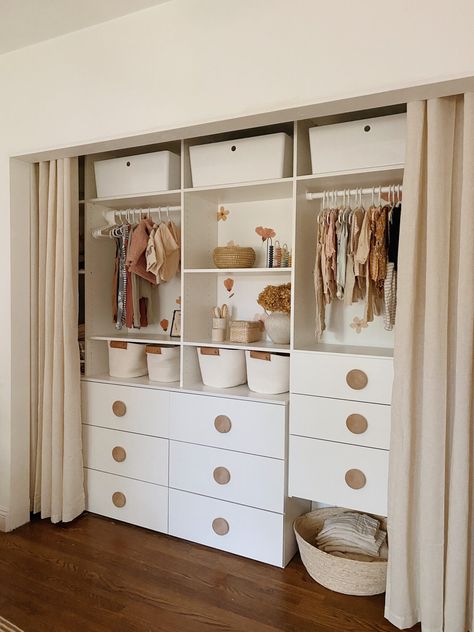 the nursery closet - almost makes perfect Built In Closet For Nursery, Nursery With Open Closet, Nursery Closet With Curtains, Removing Closet Sliding Doors, Nursery Closet Doors Removed, Nursery With Tall Dresser, Reach In Closet Nursery, Exposed Closet Nursery, Nursery Ideas No Closet