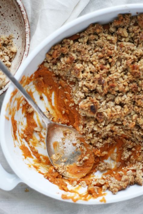 Gluten-Free Vegan Sweet Potato Casserole (AKA the Best Winter Side) | Organic Authority Mass Effect Wallpaper, Gluten Free Sweet Potato Casserole, Sweet Potato Casserole Healthy, Vegan Sweet Potato Casserole, Oat Crumble Topping, Pecan Crumble, Traditional Holiday Recipes, Whipped Potatoes, Clean And Delicious