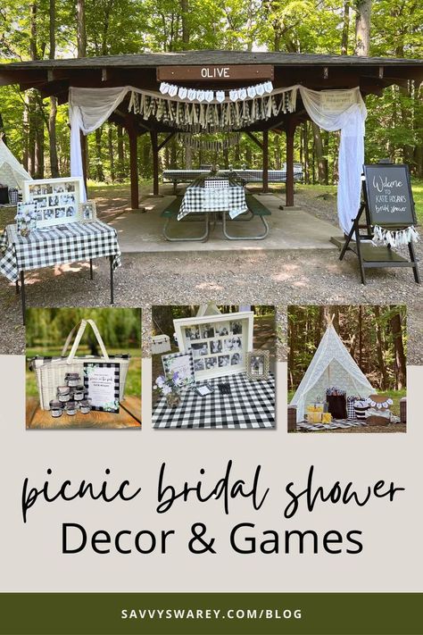 Picnic Bridal Shower Decor and Game Ideas. Park Pavilion decorated in black and white gingham and floral, picnic basket with jam favors, boho teepee for gift opening. Picnic Bridal Shower, Bridal Picnic, Unique Bridal Shower Themes, Picnic Themed Parties, Decorating Tips And Tricks, Outdoor Bridal Showers, Bridal Shower Invitations Diy, Bridal Shower Menu, Wedding Shower Themes