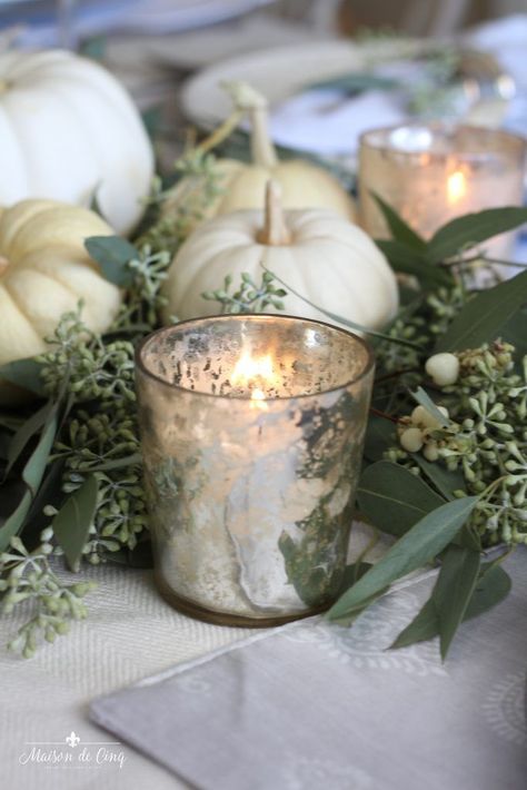 Neutral Fall Table with White Pumpkins and Eucalyptus---> #maisondecinq #tablescape #falltable #falltablescape #falltablesetting #tablesetting #thanksgivingtable #thanksgivingtablesetting #thanksgivingtablescape #tablesettingideas #fallentertaining #thanksgivingideas #whitepumpkins White Pumpkins And Eucalyptus, White Pumpkins Wedding, Pumpkin Centerpieces Wedding, White Pumpkin Centerpieces, Eucalyptus Centerpiece, Pumpkin Table Decorations, Winter Tablescapes, Fall Dinner Party, Pumpkin Wedding