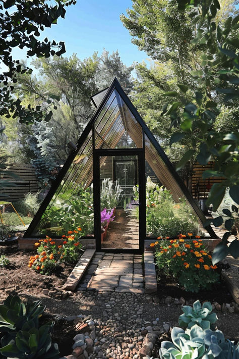 30 Greenhouse Ideas: Creative Designs for Your Home Garden Small Garden House Ideas, Greenhouse Outdoor Living Space, A Frame Garden Shed, Enclosed Porch Greenhouse, Small Modern Greenhouse, Green House Off Of House, Greenhouse Above Garage, Diy Small Indoor Greenhouse, Side Yard Greenhouse