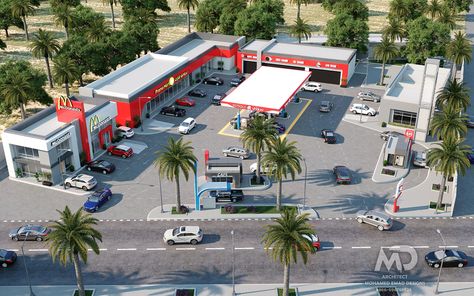 Commercial Shops Plan, Filling Station Design Plan, Fuel Station Design Plan, Gasoline Station Design, Filling Station Design, Gas Station Design, Supermarket Ideas, Shopping Center Architecture, Commercial Building Plans