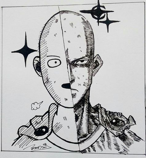 I used cross hatching as shown in reference with pen Saitama Face, Mirror Sketch, Half Mirror, Manga Sketch, Saitama One Punch, Saitama One Punch Man, One Punch Man Manga, One Punch Man Anime, Draw Anime