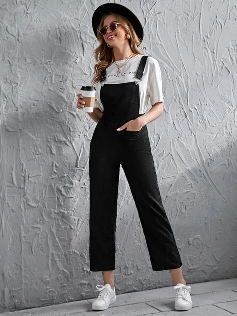 Pocket Front Corduroy Cropped Pinafore Jumpsuit | SHEIN USA Pinafore Jumpsuit, Dungaree Outfit, Adrette Outfits, Overall Outfit, Overalls Outfit, Corduroy Overalls, Black Overalls, Jumpsuit Outfit, Cute Outfits For School