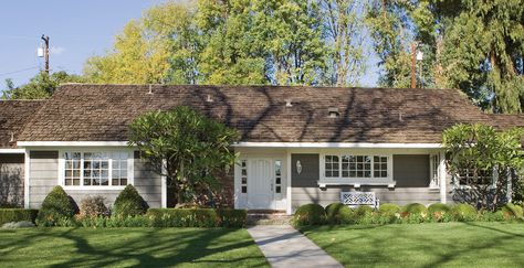 Mushroom Bisque Exterior | Ranch House Exterior Gallery | Behr Ranch House Exterior Colors, Ranch Style House Exterior, Brown Roof Houses, Exterior Gray Paint, Ranch House Exterior, Brown Roof, Ranch Remodel, Gray House, Ranch Exterior