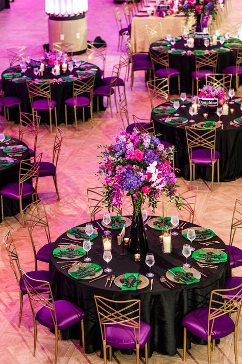 Luxury Mardi Gras theme wedding reception in Washington DC Black Red Gold Wedding, Mardi Gras Wedding Theme, Mardi Gras Theme, Mardi Gras Party Decorations, Gold Wedding Decor, Mardi Gras Wedding, Red Gold Wedding, Gala Decorations, Mardi Gras Centerpieces