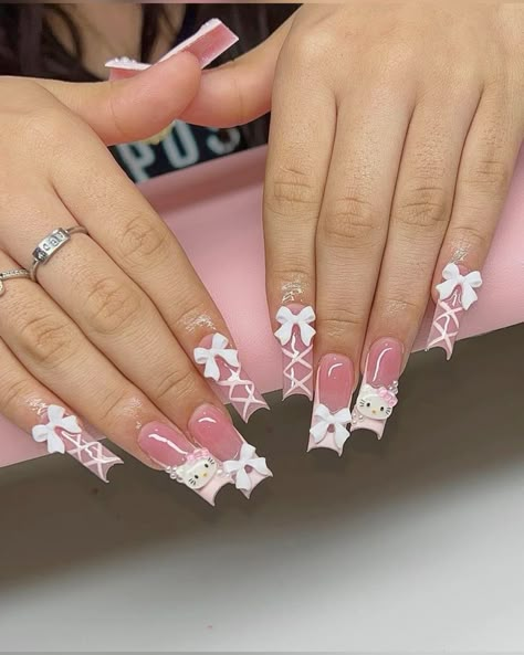 Ballerina Pink Nails, Bow Nail Art Designs, Bow Nail Designs, Bow Nails, Coquette Nails, Bow Nail Art, Bow Nail, Kitty Nails, Cute Simple Nails