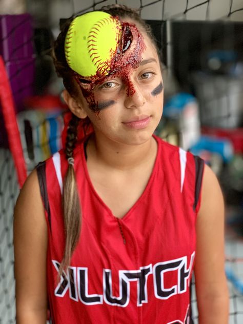 Halloween Treats For Softball Team, Zombie Athlete Costume, Softball Zombie Costume, Halloween Softball Costumes, Softball Zombie Costume Diy, Softball Halloween Ideas, Cool Eyeblack Softball, Cute Eyeblack Softball, Dead Baseball Player Costume