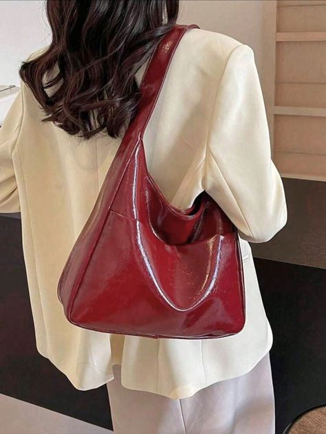 Large Capacity Women's Bag, Shoulder Bag, New Trendy And Fashionable Wide Strap Underarm Bag, Women's Shoulder Bag, Slouchy Style Soft Face Bright Color Handbag, Popular Niche Design Tote Bag This Year, College Student Classroom Outfit Book Bucket Bag, Suitable For Giving Friends Shopping, Dates, Business Trips, Commuting Use Red Elegant,Minimalist   PU Leather Plain Baguette Bag   Women Bags, size features are:Bust: ,Length: ,Sleeve Length: Burgundy Tote Bag, Friends Shopping, Shoulder Bag Outfit, Burgundy Bag, Color Borgoña, Trendy Business Casual, Red Tote Bag, Slouchy Style, Popular Handbags