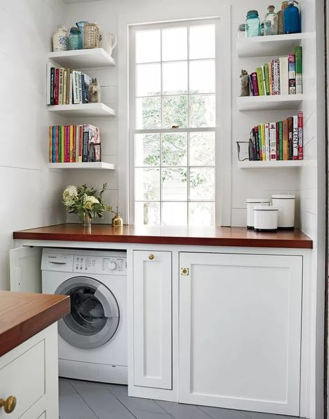 43 Laundry Room Ideas We're Obsessed With Hide Laundry Room, Laundry In Kitchen, Cortney Bishop, Hide Appliances, Southern Interior, Laundry Room Storage Shelves, Hidden Laundry, Small Laundry Room Organization, Room Storage Diy