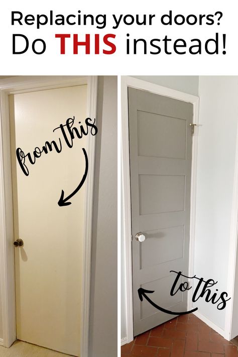 Give your flat door a panel door makeover for under $20! Update your interior doors on a dime with this hack and save tons of money, not to mention a huge headache from having to fit new doors into a home that has settled. #diy #farmhouse #doors How To Make Cheap Doors Look Better, Transform Flat Panel Doors, Fake Door Panels, Making Plain Doors Look Better, Wood Door Update, Update Indoor Doors, Decorate Plain Door, Hallway Door Makeover, Diy Internal Door Makeover