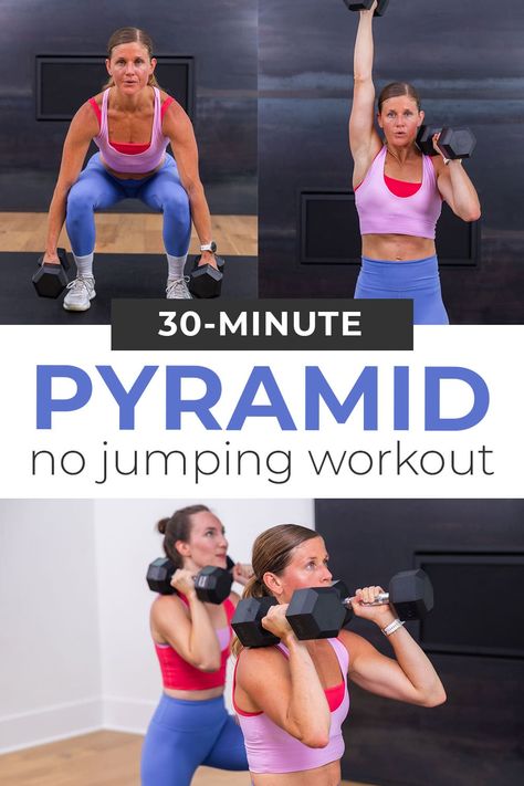 Blast the upper body, lower body, and core with this effective full body HIIT workout routine for women! Challenge your strength and endurance with this tough but achievable dumbbell HIIT workout. We combined our favorite HIIT exercises into a heart-pumping pyramid workout. This workout format is one of our favorite ways to increase muscular and cardiovascular fitness levels at home. Pyramid Hiit Workouts, Dumbbell Hiit Workout, Compound Dumbbell Exercises, Total Body Workout At Home, 20 Min Hiit Workout, Hiit Workouts At Gym, Dumbbell Hiit, At Home Hiit Workout, Hiit Workouts At Home