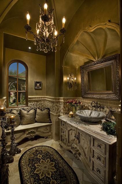 Tuscan Bathroom Decor, Ornate Bathroom, Tuscan Bathroom, Gothic Bathroom, Tuscan Design, Victorian Bathroom, Powder Room Design, Tuscan House, Decor Baie