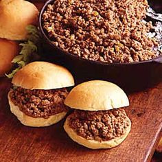 Lunchroom Recipes, Breakfast Ideas For A Crowd, Sloppy Joe Sliders, School Lunchroom, Crowd Food, Sandwich Buffet, Baked Burgers, Loose Meat, Homemade Sloppy Joes