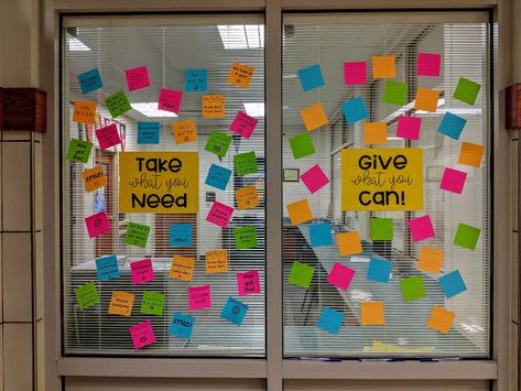 Take What You Need, Give What You Can Sticky Note Board Start With Hello Week, Self Care Bulletin Board, Sticky Note Board, Take What You Need Board, Start With Hello, Easy Bulletin Board, School Counseling Bulletin Boards, School Bulletin Board Ideas, Easy Bulletin Boards