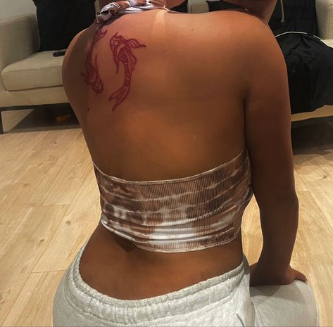 Koi Fish Back Tat, Koi Red Tattoo, Koy Fish Tattoos On Back, Koi Fish Hip Tattoos Women, Red Ink Koi Fish Tattoo, Koi Fish Red Tattoo, Red Koi Fish Tattoo For Women, Back Tattoo Koi Fish, Coy Fish Tattoo Back