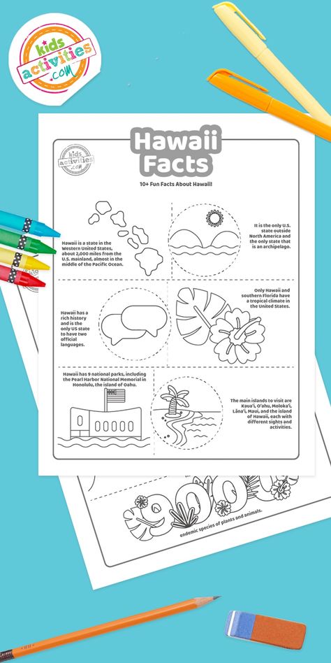 Awesome Facts About Hawaii Coloring Pages | Kids Activities Blog Hawaii Coloring Pages Free Printable, Luau Activities For Kids, Hawaii Printables, Hawaii Crafts For Kids, Tropical Activities, Hawaii Coloring Pages, Facts About Hawaii, Hawaii Crafts, Hawaii Kids