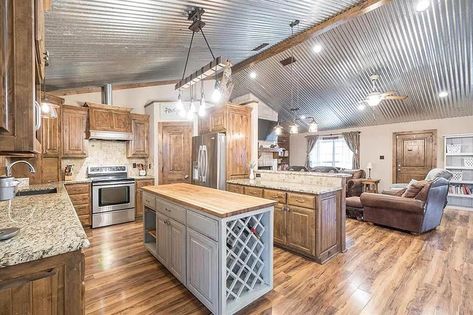 kitchen-with-corrugated-tin-ceiling Metal Ceiling In Kitchen, Corrugated Tin Ceiling Kitchen, Kitchen With Tin Ceiling, Tin And Wood Ceiling, Tin Ceilings Ideas, Tin Ceiling In Kitchen, Metal Interior Ceiling, White Corrugated Metal Ceiling, Barndominium Metal Ceiling Ideas