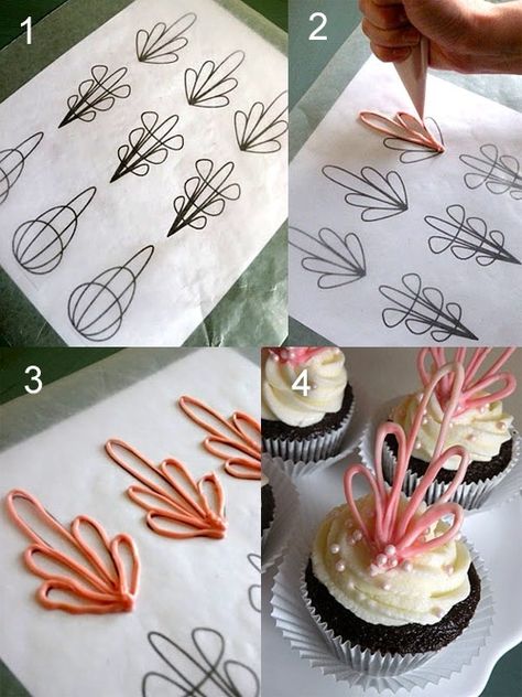 Cupcake toppers/royal icing transfers. Easy patterns to trace over. Using gold or silver icing would be cute too! Visual. Unrelated. Internet. Chocolate Toppers, Make Cupcakes, Decorate Cupcakes, Fest Mad, Decoration Patisserie, Royal Icing Transfers, Chocolate Decorations, Cupcake Cake, Cake Decorating Tips