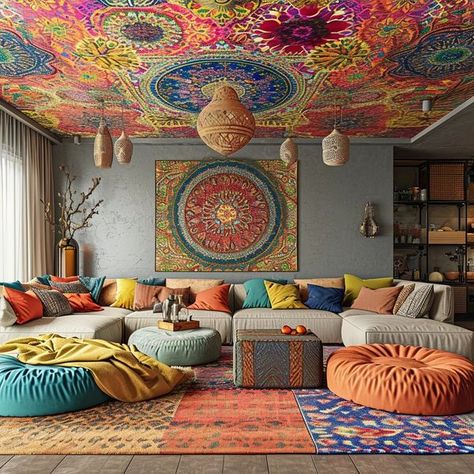 Colorful Boho Chic Living Room, Maximalist Living Room, Bohemian Style Decor, Hippie Living, Bohemian Style Interior, Colorful Tapestry, Color And Texture, Wall Art Ideas, Artistic Space