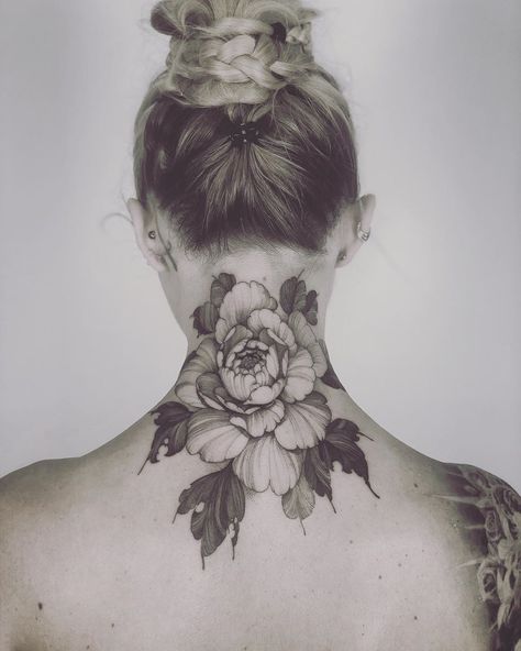 Peonies Tattoo Back, Peonies Neck Tattoo, Back Peony Tattoo, Flower Back Neck Tattoo, Back Of Neck Flower Tattoos For Women, Flower Nape Tattoo, Back Of Neck Tattoo Cover Up For Women, Peony Neck Tattoos Women, Peony Tattoo Neck