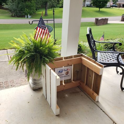 Front Porch Box For Packages, Front Porch Delivery Boxes, Front Porch Ideas To Hide Packages, Diy Porch Package Storage, Package Hiding Planter, Package Hiding Porch, Package Drop Box Ideas Porch, Porch Package Storage, Porch Delivery Box Ideas