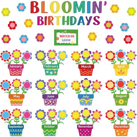 PRICES MAY VARY. Flowers Bulletin Board Set: you will get 92 pieces of blooming flowers paper cutouts, including 12 pieces flower pot month pocket cards, 62 pieces flowers cutouts, 18 pieces text cards, and 12 sheets of adhesive dots, enough quantity to satisfy your classroom decoration needs Flowers Design: our classroom birthday cutouts decorations are designed in fresh and delicate patterns, including colorful flowers, flower pots and the letter of "Bloomin", "Birthday" and "Watch Us Grow", c Flowers Kindergarten, Back To School Birthday Party, Birthday Cutouts, Grow Wall, Set Classroom, Birthday Display In Classroom, Classroom Back To School, Birthday Bulletin Board, Birthday Card Decoration