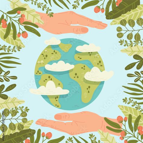 Stock Image: Happy Earth Day! Save Nature. Vector eco illustration for social media, poster, banner, card, flyer on the theme of saving planet, human hands protect earth Forest Conservation Poster Ideas, Save The Rainforest Poster, Sustainability Illustration Graphics, Eco Friendly Art Projects, Classroom Screen, Rainforest Poster, Eco Illustration, Image Happy, Earth Month