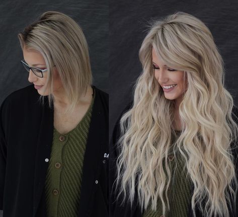 Short to Long Hair Transformation with Extensions Hair Extensions For Short Hair Before And After, Long Hair Extensions Styles, Long Extension Hairstyles, Short To Long Hair Extensions, How To Style Hair With Extensions, Hairstyles With Extensions, Styling Curls, Extensions Hairstyles, Hair Bobs