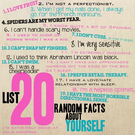 What about as a project for kids?  20 things my teachers should know about me?  day-1-20-random-facts-about-myself Fun Facts About Me Ideas, 30 Facts About Me, About Me Ideas, Facts About Yourself, Friends Activity, Fun Facts About Me, Smashbook Ideas, Random Facts About Me, Facts About Me