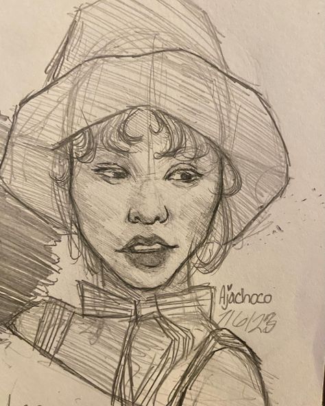 A rough pencil sketch consisting of various pencil hatches portraying a girl with a bucket hat. Bucket Hat Drawing, Sketch Of A Girl, Drawing Of A Girl, Face Study, Hat Base, Sketchbook Drawing, Sketch Drawing, Sketchbook Art, Sketchbook Art Inspiration