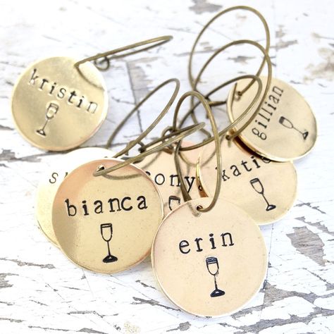 @karasvinwedding posted to Instagram: Cheers to an amazing week to come! ... - - Personalized brass glass charms are the ICING for your bridal shower or  wine tasting party. - - DETAILS + SHOP at link in profile, xo - - #charms #weddingtrends #weddingplanning #bridalshower #creativelifehappylife #winerywedding #brideandgroom #engaged #ido #partysupplies #weddinginspo #partyplanner #partydecoration #partydecor #weddinginspiration #weddingideas #weddingseason #vineyardwedding #winetasting #getting Winery Bachelorette Party, Bridal Shower Place Cards, Bridal Shower Wine Theme, Classy Bachelorette Party, Wine Bachelorette Party, Wine Glass Tags, Bridal Shower Wine, Bachelorette Ideas, Bachelorette Party Planning